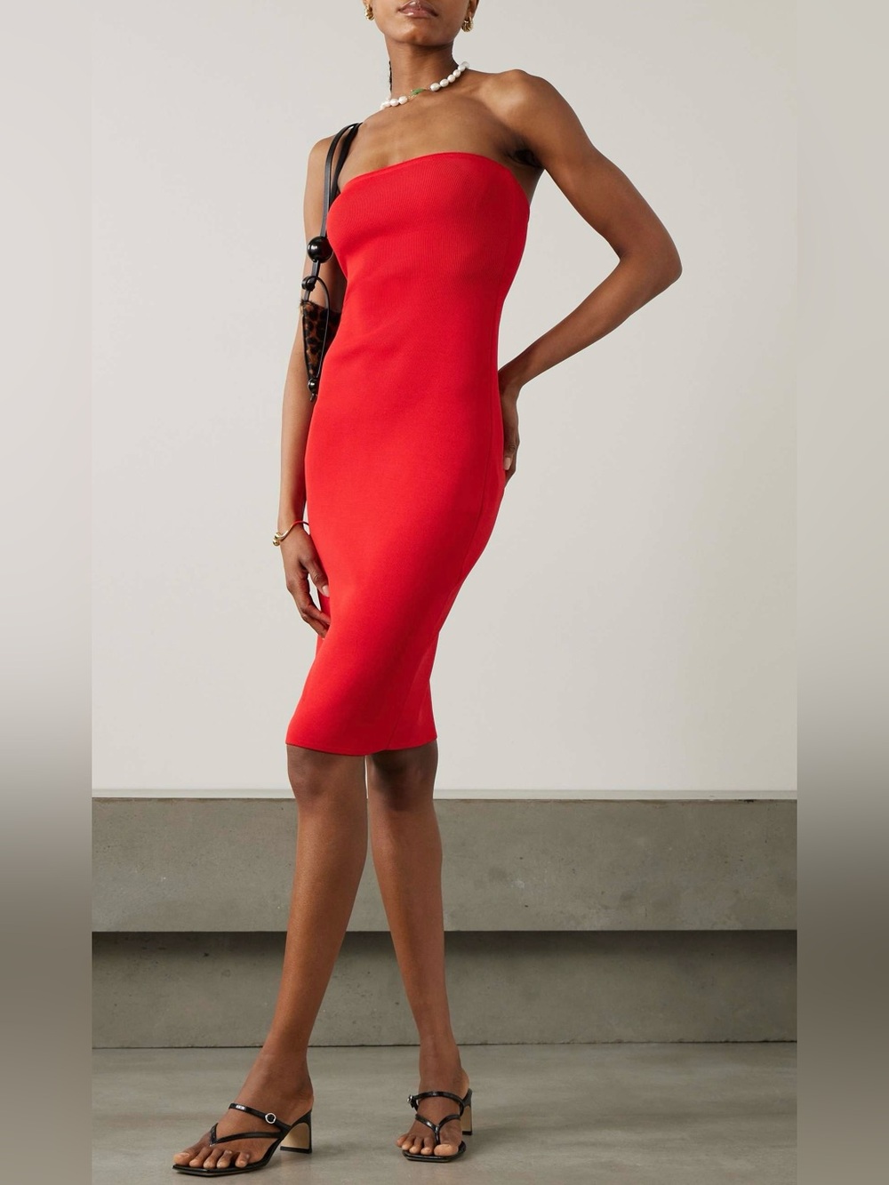 STAUD Tomato Red Knit Strapless Old Money Y2K Scandi Girl Sheath Midi Dress XL